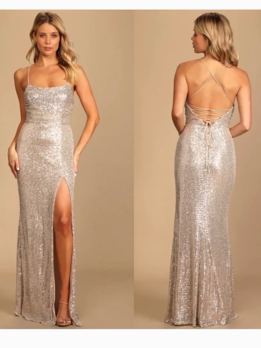 NWOT Lulus Evenings of Elegance Silver Sequin Lace-Up Maxi Dress S